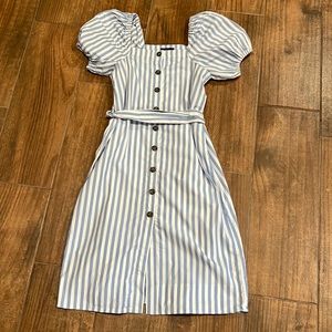 J Crew Cottage White Blue Seascape Stripe Belted Puff sleeve Dress. Size XXS